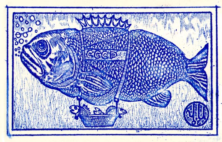 Printmaking titled "fish airship" by Ivan Kelarev, Original Artwork, Engraving