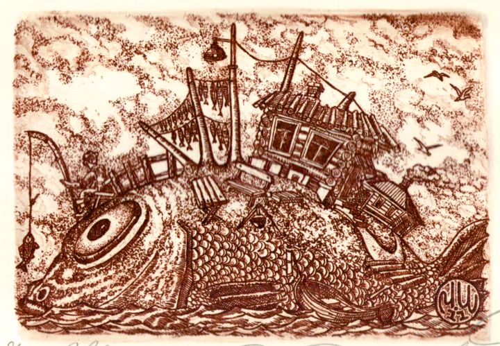 「fish island」というタイトルの製版 Ivan Kelarevによって, オリジナルのアートワーク, 彫刻