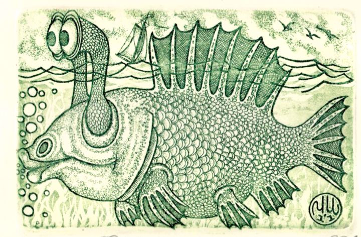 「periscope fish」というタイトルの製版 Ivan Kelarevによって, オリジナルのアートワーク, 彫刻