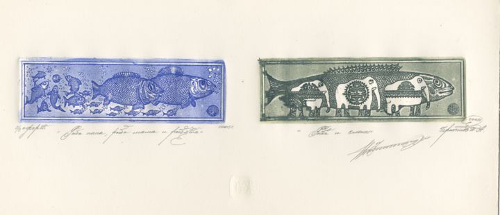 Druckgrafik mit dem Titel "elephants and fish" von Ivan Kelarev, Original-Kunstwerk, Gravur