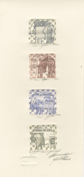 Druckgrafik mit dem Titel "money elephants" von Ivan Kelarev, Original-Kunstwerk, Gravur
