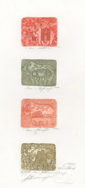Printmaking titled "elephant and history" by Ivan Kelarev, Original Artwork, Engraving