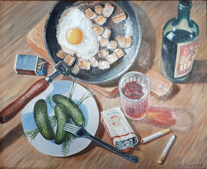 Painting titled "Still life with egg…" by Ivan Kelarev, Original Artwork, Oil Mounted on Wood Stretcher frame