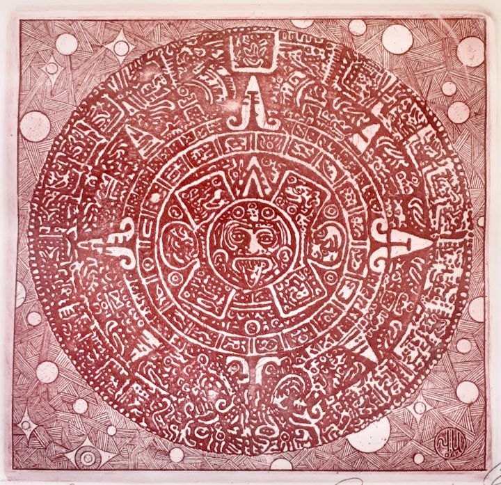 Impressões e gravuras intitulada "Aztec calendar" por Ivan Kelarev, Obras de arte originais, Gravação