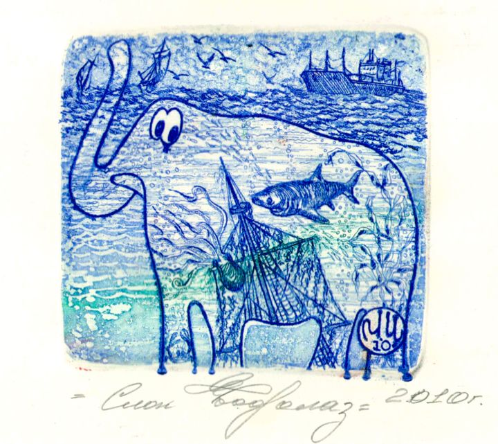 Gravures & estampes intitulée "elephant diver" par Ivan Kelarev, Œuvre d'art originale, Gravure