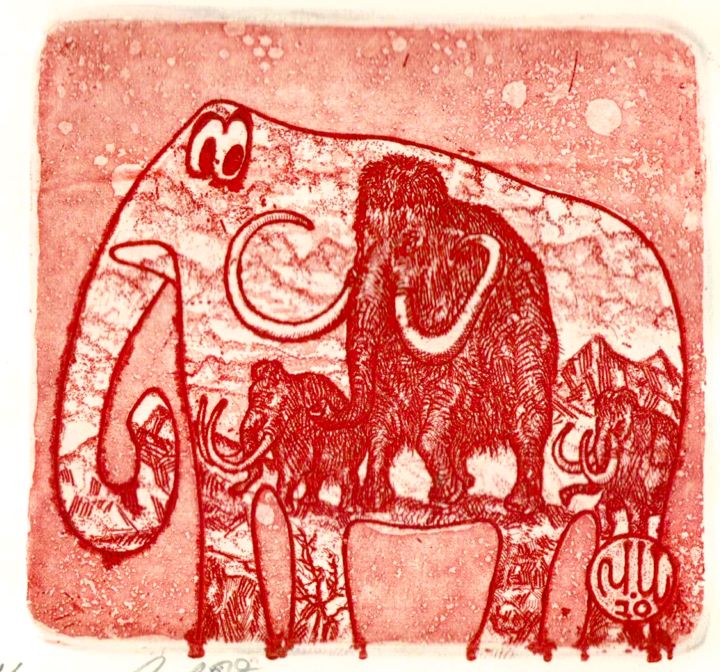 Printmaking titled "elephant and ancest…" by Ivan Kelarev, Original Artwork, Engraving