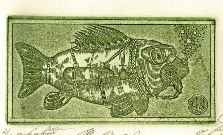 Gravures & estampes intitulée "fish diver" par Ivan Kelarev, Œuvre d'art originale, Gravure