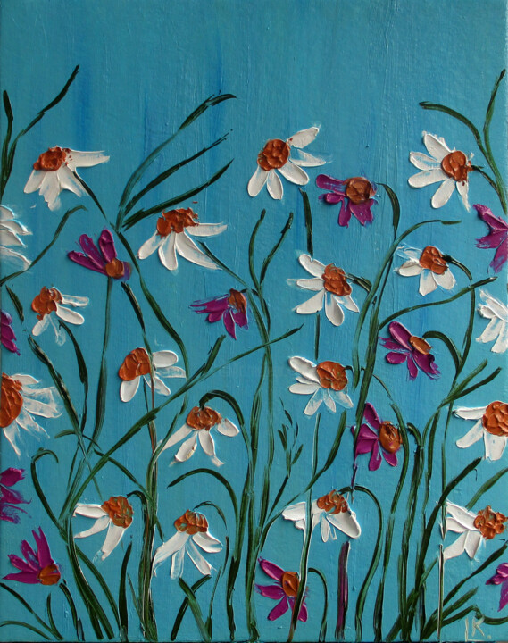Painting titled "Daisy Painting Flor…" by Luiza Kozich (Artkingdom7), Original Artwork, Oil