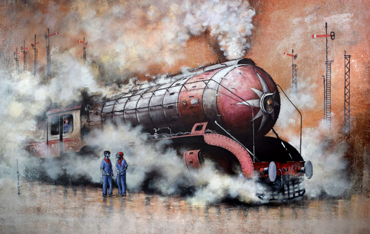 Peinture intitulée "Nostalgia of Steam…" par Kishore Pratim Biswas, Œuvre d'art originale, Acrylique