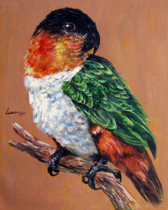 Painting titled "Parrot #201" by James Shang, Original Artwork, Oil Mounted on Wood Stretcher frame