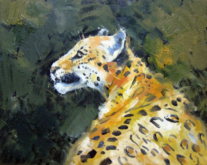 Painting titled "Leopard 001" by James Shang, Original Artwork, Oil Mounted on Cardboard