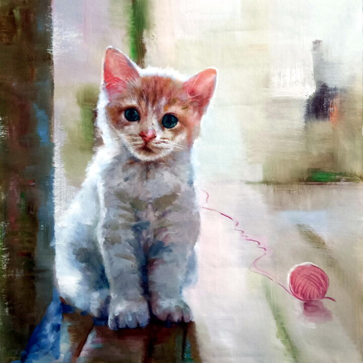 Painting titled "Cat 101D" by James Shang, Original Artwork, Oil Mounted on Wood Stretcher frame