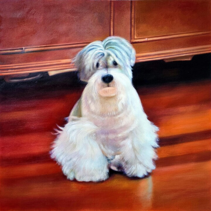 Painting titled "pet dog portrait 00…" by James Shang, Original Artwork, Oil Mounted on Wood Stretcher frame