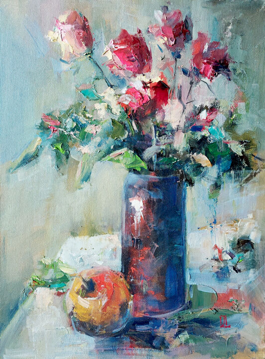 Painting titled "Red roses and an ap…" by Olesya Lopatina, Original Artwork, Oil Mounted on Cardboard