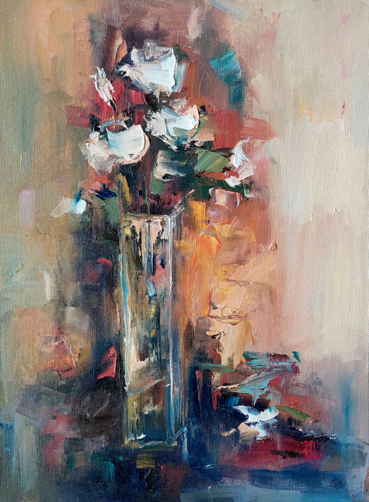 Painting titled "White roses still l…" by Olesya Lopatina, Original Artwork, Oil Mounted on Cardboard