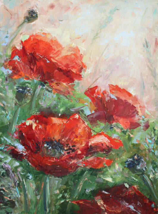 Картина под названием "Scarlet poppies" - Olesya Lopatina, Подлинное произведение искусства, Масло Установлен на Деревянная…