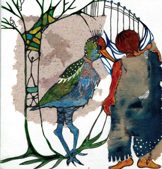 Desenho intitulada "L'oiseau Bleu" por M. C. Valentine, Obras de arte originais, Tinta