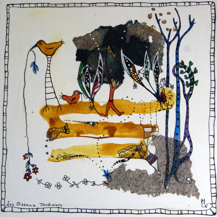 Dessin intitulée "Les Oiseaux jardini…" par M. C. Valentine, Œuvre d'art originale, Encre