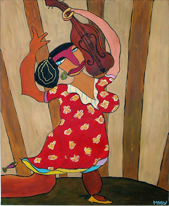 Painting titled "La violoniste" by Sabine Maby, Original Artwork, Acrylic Mounted on Wood Stretcher frame
