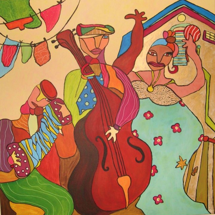 Pittura intitolato "Contrebasse et band…" da Sabine Maby, Opera d'arte originale, Acrilico Montato su Telaio per barella in…