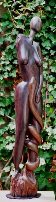 Sculpture titled "Femme et serpent" by Manou, Original Artwork, Wood