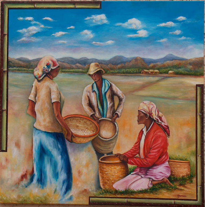 Peinture intitulée "La vie paysanne" par Georges Mathieu, Œuvre d'art originale, Huile