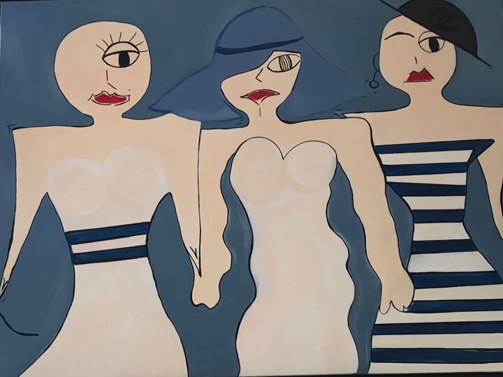 Painting titled "« Les Parisiennes à…" by Nasso, Original Artwork, Acrylic Mounted on Wood Stretcher frame