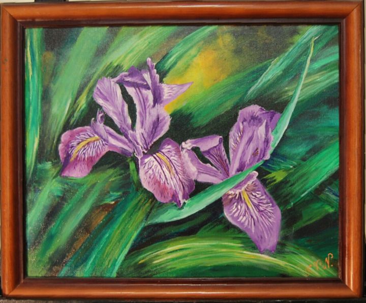 Painting titled "Purple flower iris…" by Ksenia Nikolaeva, Original Artwork, Oil