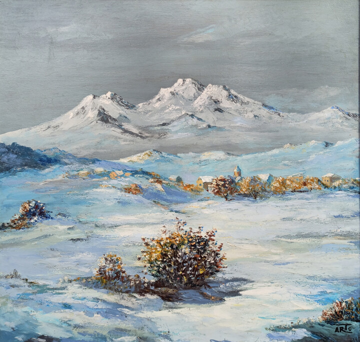Painting titled "Winter landscape -…" by Arto Mkrtchyan, Original Artwork, Oil Mounted on Wood Stretcher frame
