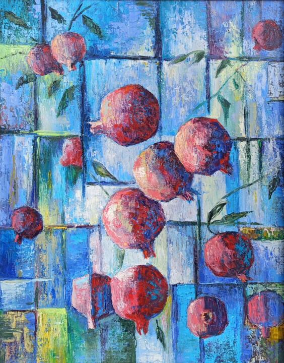Painting titled "POMEGRANATE MOSAIC" by Arto Mkrtchyan, Original Artwork, Oil Mounted on Wood Stretcher frame