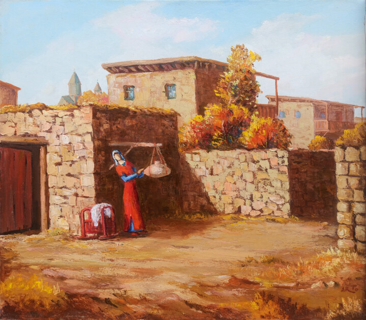 Painting titled "A Day in Rural Bliss" by Arto Mkrtchyan, Original Artwork, Oil Mounted on Wood Stretcher frame