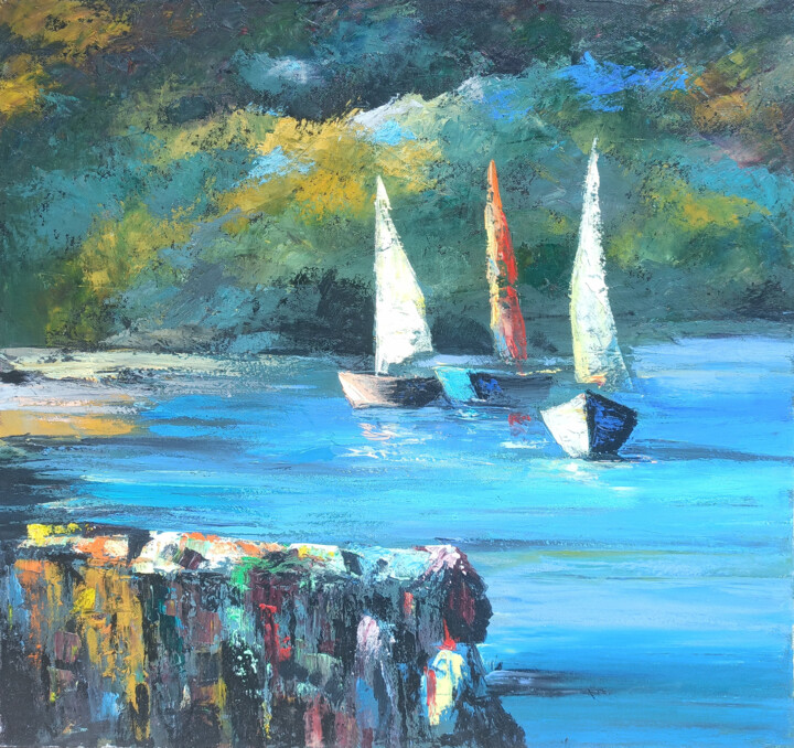 Painting titled "Sailboats in Repose" by Arto Mkrtchyan, Original Artwork, Oil Mounted on Wood Stretcher frame