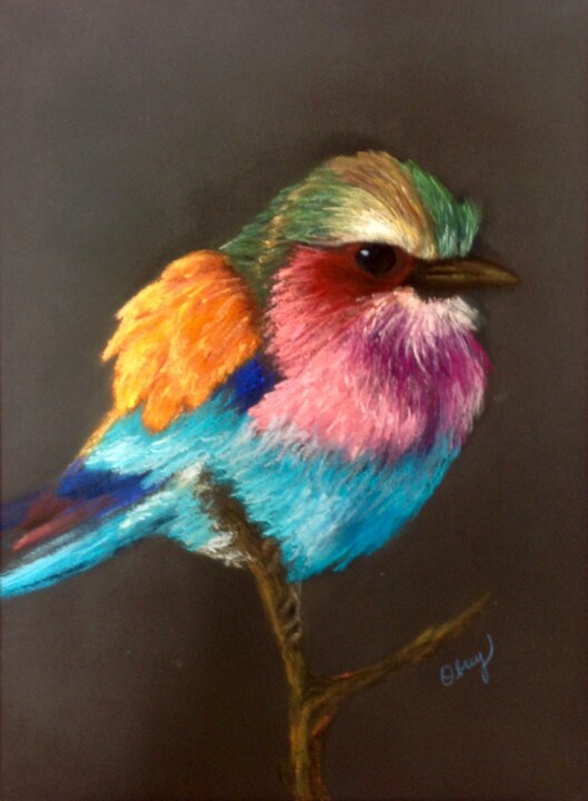 Painting titled "Lilac Breasted Roll…" by Obrey, Original Artwork, Pastel