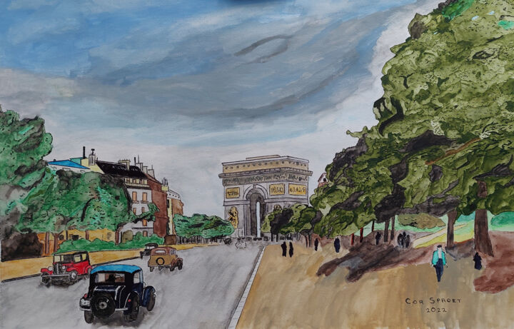 Painting titled "Paris Bygone" by Cornelis Sproet, Original Artwork, Watercolor