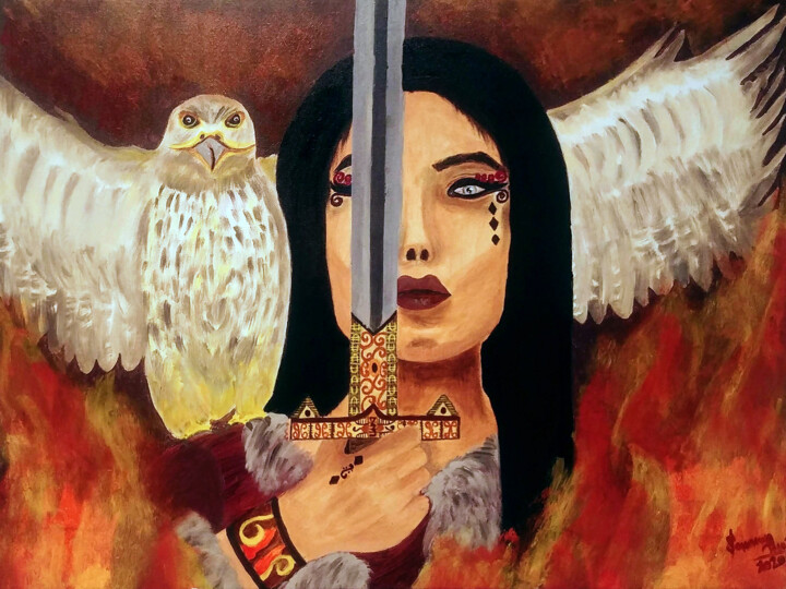 Painting titled "Goddess of War" by Sohaina Ansari, Original Artwork, Oil