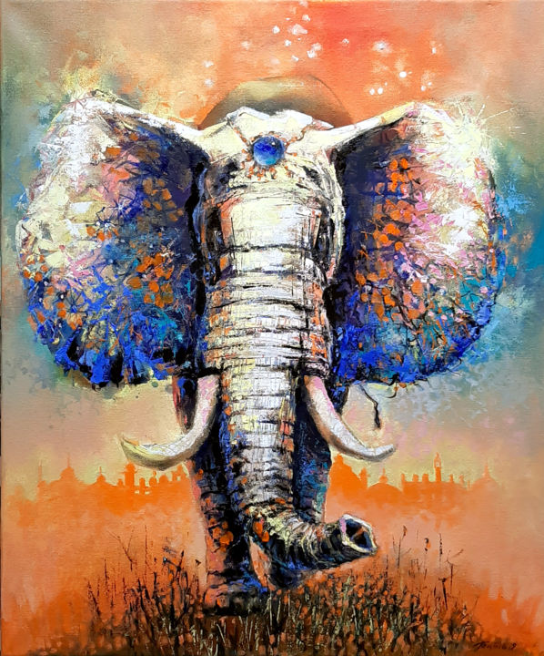 Картина под названием "Elephant painting a…" - Tata, Подлинное произведение искусства, Масло