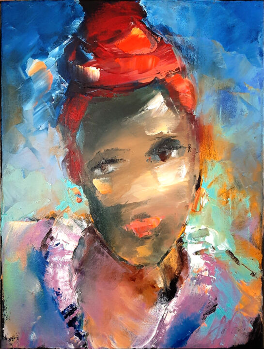 Painting titled "African-American wo…" by Tata, Original Artwork, Oil Mounted on Wood Stretcher frame