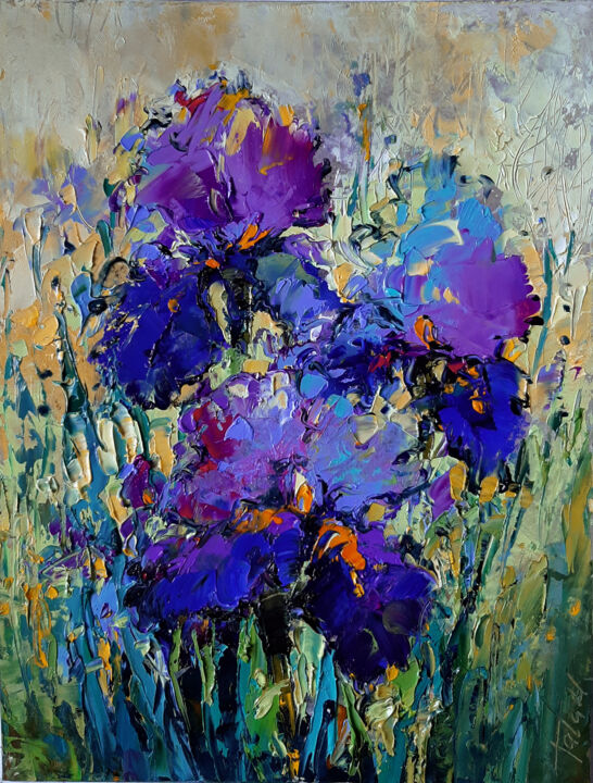Iris Oil Painting Original Artwork, Painting by Tata Artmajeur
