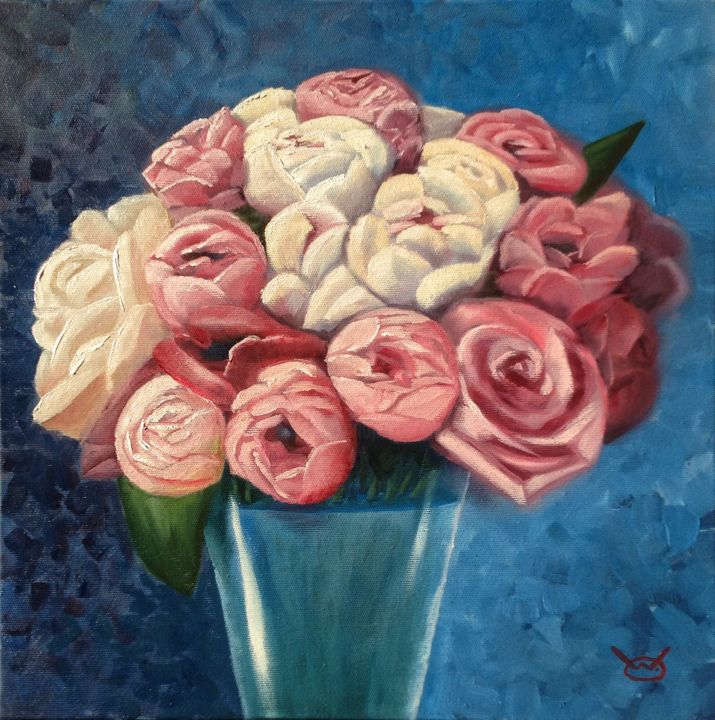 Painting titled "Peonies and roses" by Vicente Osipenko, Original Artwork, Oil