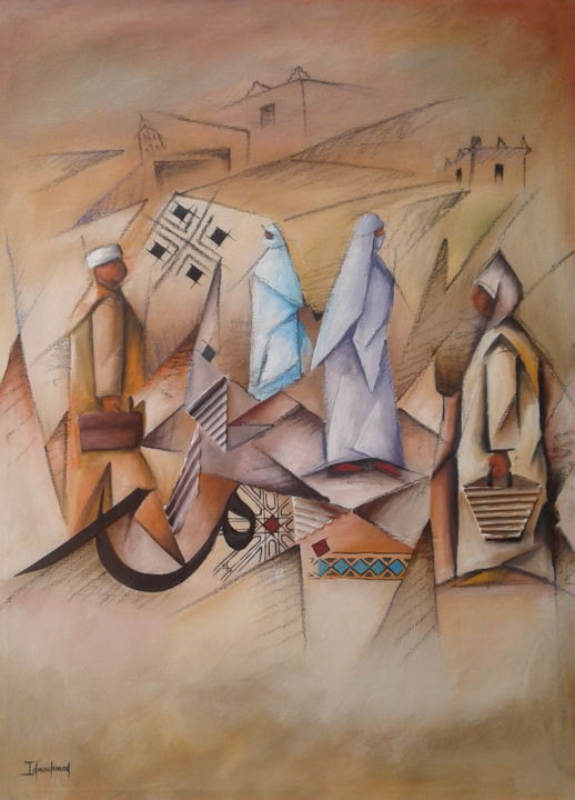 「Le Souk traditionnel」というタイトルの絵画 Brahim Idmouhmadによって, オリジナルのアートワーク, アクリル