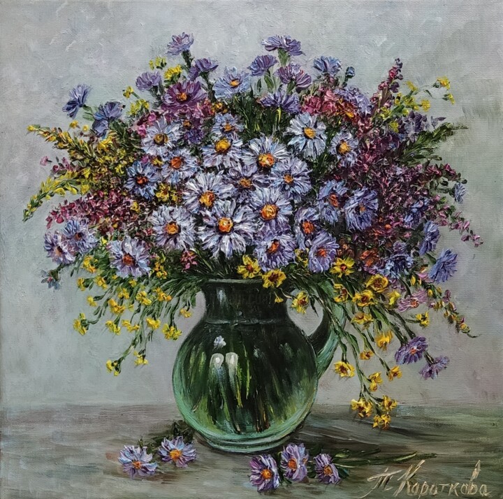 Painting titled "Garden bouquet pain…" by Tatyana Korotkova, Original Artwork, Oil Mounted on Wood Stretcher frame