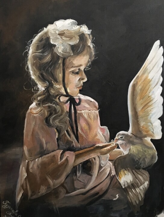 Pintura intitulada "Девочка и голубь" por Olga Puzikova, Obras de arte originais, Óleo Montado em Cartão