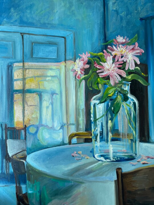 Painting titled "Flowers in a glass…" by Olga Puzikova, Original Artwork, Oil Mounted on Wood Stretcher frame