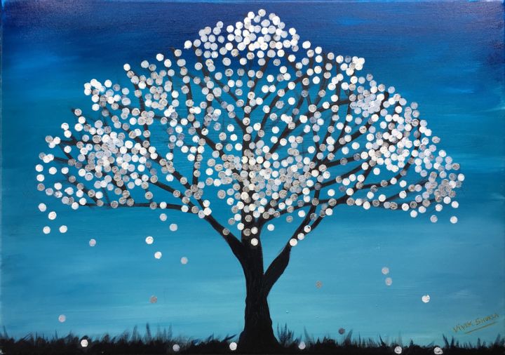 Schilderij getiteld "SILVER FANTASY TREE…" door Artrayal, Origineel Kunstwerk, Olie