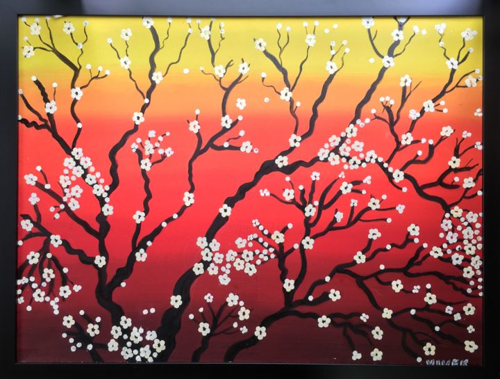 Peinture intitulée "CHERRY BLOSSOMS IN…" par Artrayal, Œuvre d'art originale, Huile