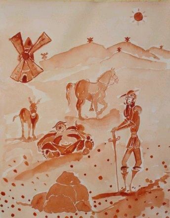 Painting titled "El Don y Sancho" by Artroger, Original Artwork, Watercolor Mounted on Cardboard