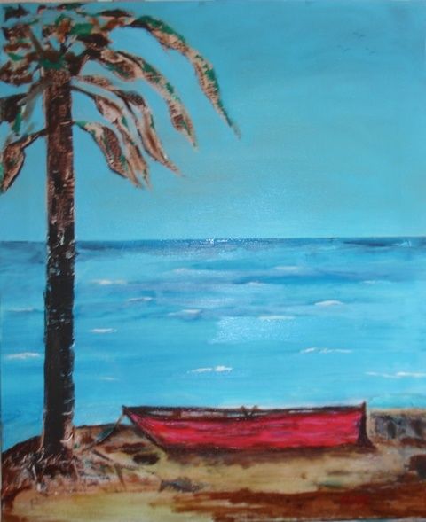 Painting titled "Red Boat" by Artroger, Original Artwork, Oil