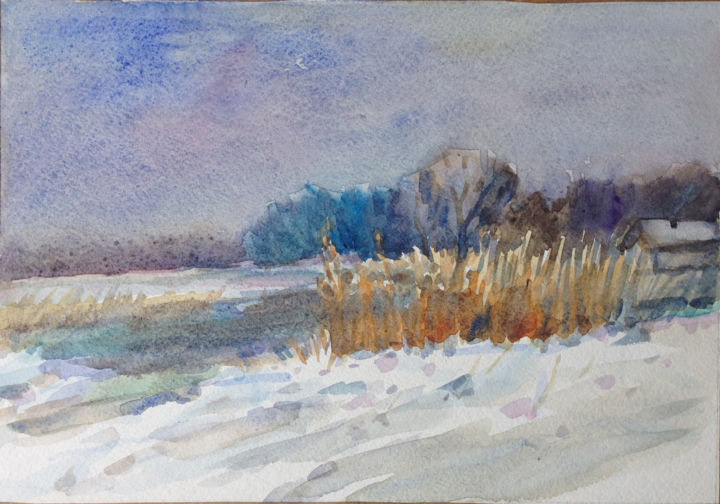 Painting titled "Winterscape" by Roman Sergienko, Original Artwork, Watercolor