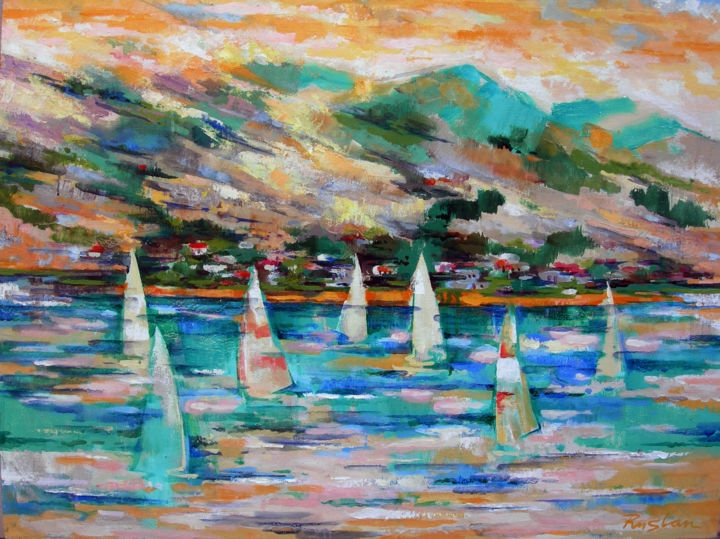 Malerei mit dem Titel "The Regatta" von Ruslan Pushkash, Original-Kunstwerk, Öl Auf Keilrahmen aus Holz montiert