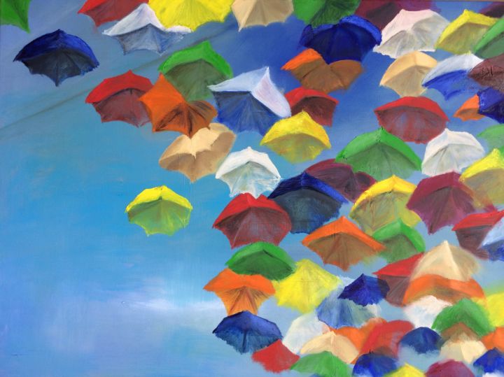 Painting titled "Ubrella street" by Winnie Vandeweghe, Original Artwork, Oil